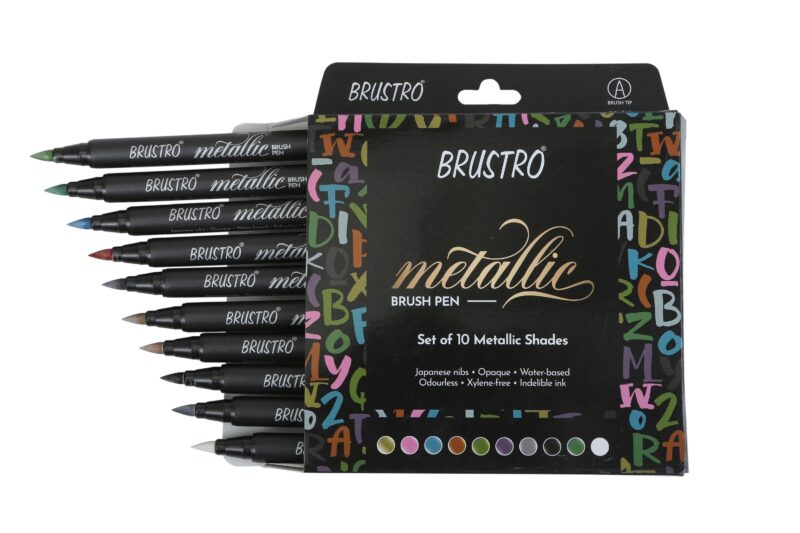 Brustro DIY Mandala Colouring Book 9"x9" 160 GSM 25 Perforated Sheets & Brustro Metallic Brush Pens - Soft Brush Tip for Calligraphy, Hand Lettering, Colouring, Card Making - Set of 10 Colors - Image 3