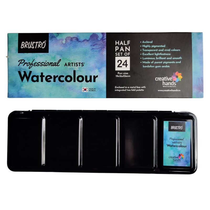 Brustro Professional Artists' Watercolour 24 half pan set with Brustro Kolinsky Imitation Brush Round 6 - Image 2