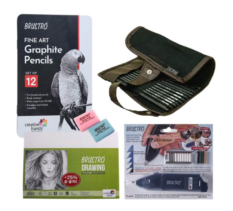 BRUSTRO Artists ’ FINEART Graphite Pencil Set of 12 (10B-2H), with Wiro Bound A5 Size Artists Sketch Book, 120 Pages, 160 GSM - Image 3