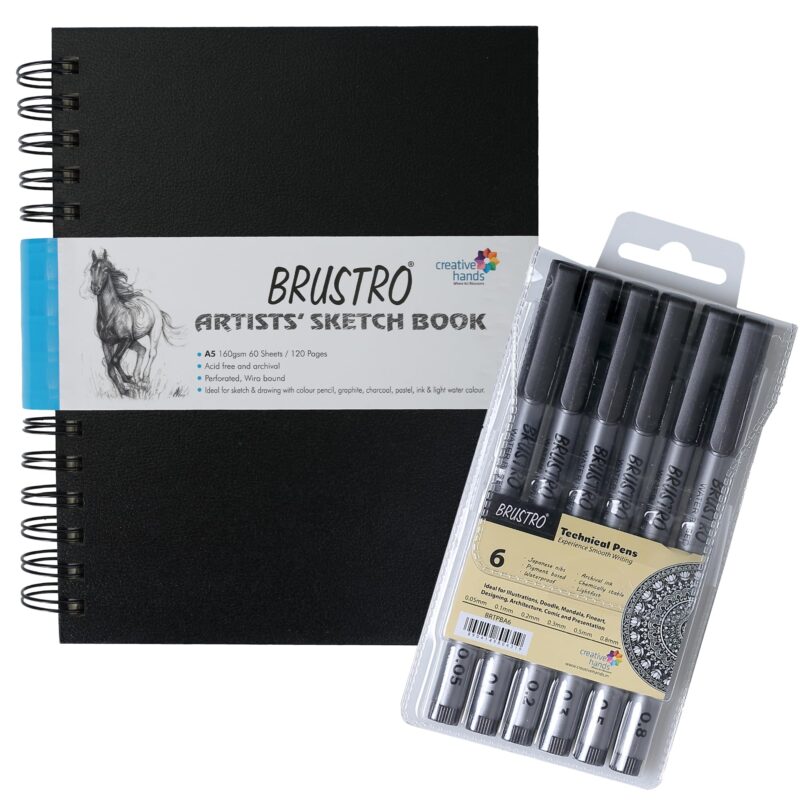 BRUSTRO Technical Pen Assorted Set of 6 with Artist Sketch Book 110 GSM A5 Wiro Journal (156 Pages) - Image 9