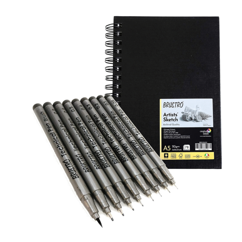 BRUSTRO Technical Pen Assorted Pack of 9 with Artist Sketch Book 110 GSM A5 Wiro Journal (156 Pages) - Image 5