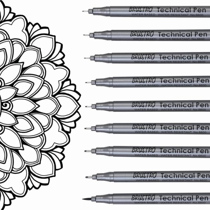 BRUSTRO Technical Pen Fineliner Set| Black| Tip Size- 0.05|0.1|0.2|0.3|0.4|0.5|0.6|0.8 mm| & Brush - Set of 9 | Ideal for Doodle,Mandala,Fineart,Architecture,Technical Drawing,Illustrations,Waterproof - Image 7