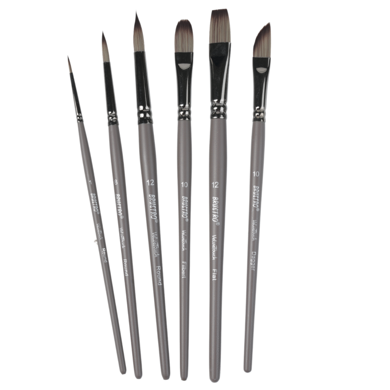 BRUSTRO VelveTouch Artist Brushes | Set of 6 | Gouache, Acrylics, Watercolor, and Oil Painting | Short Handle, Synthetic Bristles, Round, Filbert, Dagger, Flat Shape - Image 2