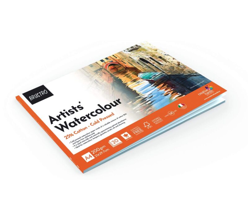 BRUSTRO Artists Watercolours & Acrylics Miniature Brush Set of 12 with Free Brush Holder and BRUSTRO Artist 25% Cotton Watercolour Pad Cold Pressed 200 GSM A4 Pad 20 Sheets