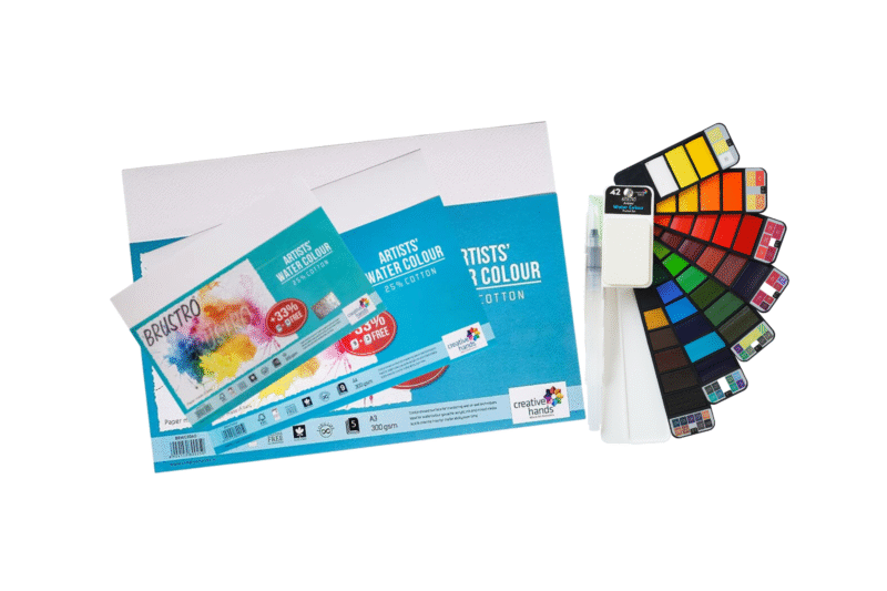 BRUSTRO Artist's Watercolour Paint Pan (Set of 42 Colors) with Artists Watercolour Paper 300 GSM, 25% Cotton, Cold Pressed, A4 (Pack of 12), A3 (Pack of 6) & A5 (Pack of 24)