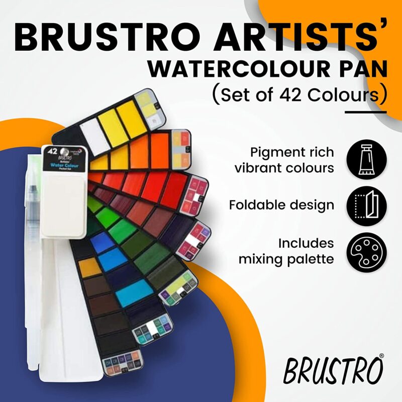 BRUSTRO Artist's Watercolour Paint Pan (Set of 42 Colors) with Artists Watercolour Paper 300 GSM, 25% Cotton, Cold Pressed, A4 (Pack of 12), A3 (Pack of 6) & A5 (Pack of 24) - Image 2