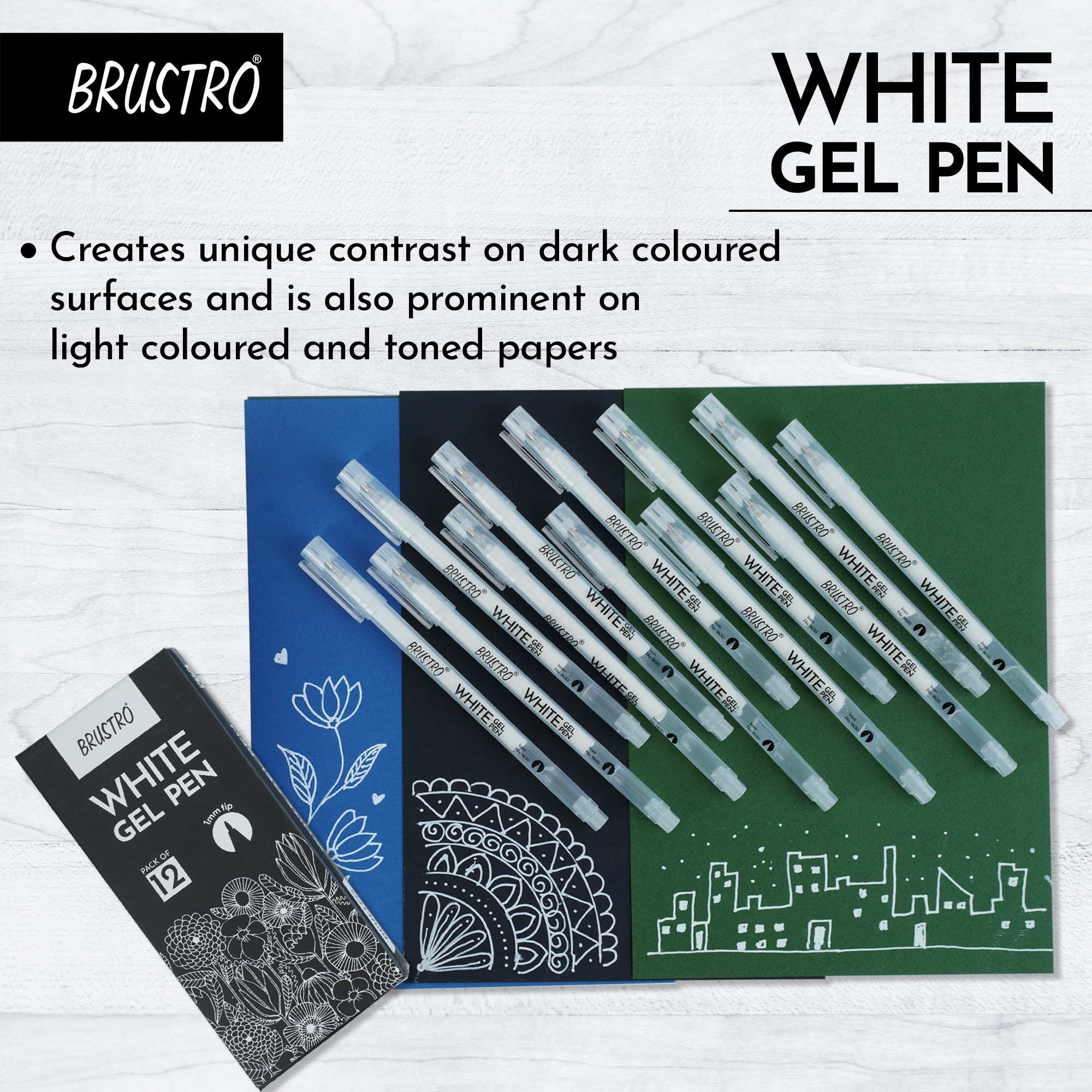 BRUSTRO White Gel Pen | Tip size -1 mm|Pack of 3 | Ideal for Students and Adults, Drawing, Mandala Arts, Students, Office Use, Writing, Pen Set