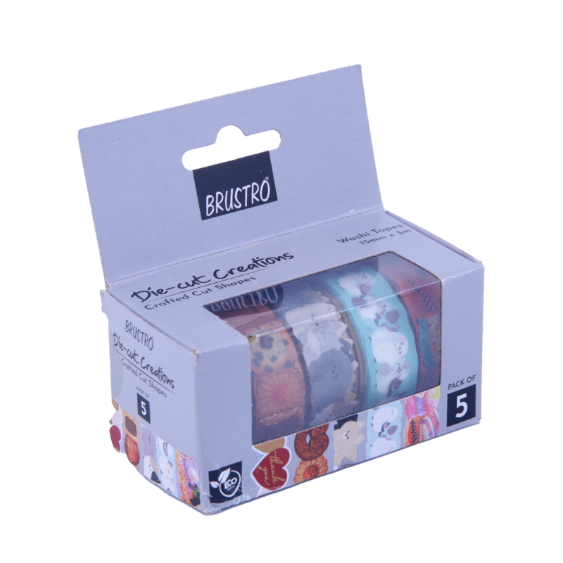BRUSTRO Die-Cut Creations Washi Tapes | Set of 5 | 15 mm x 3 mtrs | Low Tack Adhesive, Ideal for Scrapbooking, Planners, Card/Gift Wrapping, DIY, Home Decor, Art & Craft Supplies - Image 7