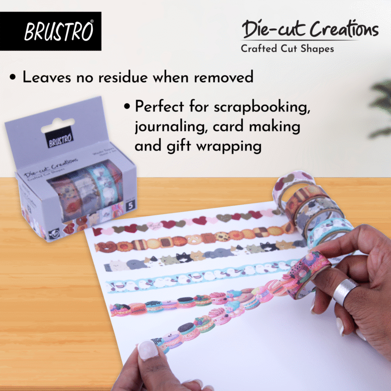 BRUSTRO Die-Cut Creations Washi Tapes | Set of 5 | 15 mm x 3 mtrs | Low Tack Adhesive, Ideal for Scrapbooking, Planners, Card/Gift Wrapping, DIY, Home Decor, Art & Craft Supplies - Image 3