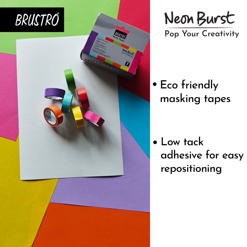 BRUSTRO Neon Burst Washi Tapes | Set of 7 | 15 mm x 5 mtrs | Low Tack Adhesive, Ideal for Scrapbooking, Planners, Card/Gift Wrapping, DIY, Home Decor, Art & Craft Supplies - Image 3