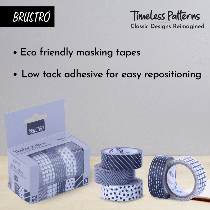 BRUSTRO Timeless Patterns Washi Tapes | Set of 5 | 15 mm x 5 mtrs | Low Tack Adhesive, Ideal for Scrapbooking, Planners, Card/Gift Wrapping, DIY, Home Decor, Art & Craft Supplies - Image 6