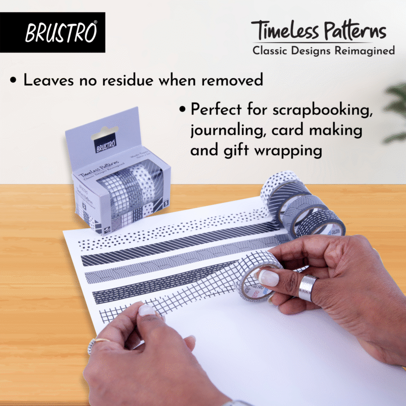 BRUSTRO Timeless Patterns Washi Tapes | Set of 5 | 15 mm x 5 mtrs | Low Tack Adhesive, Ideal for Scrapbooking, Planners, Card/Gift Wrapping, DIY, Home Decor, Art & Craft Supplies - Image 2