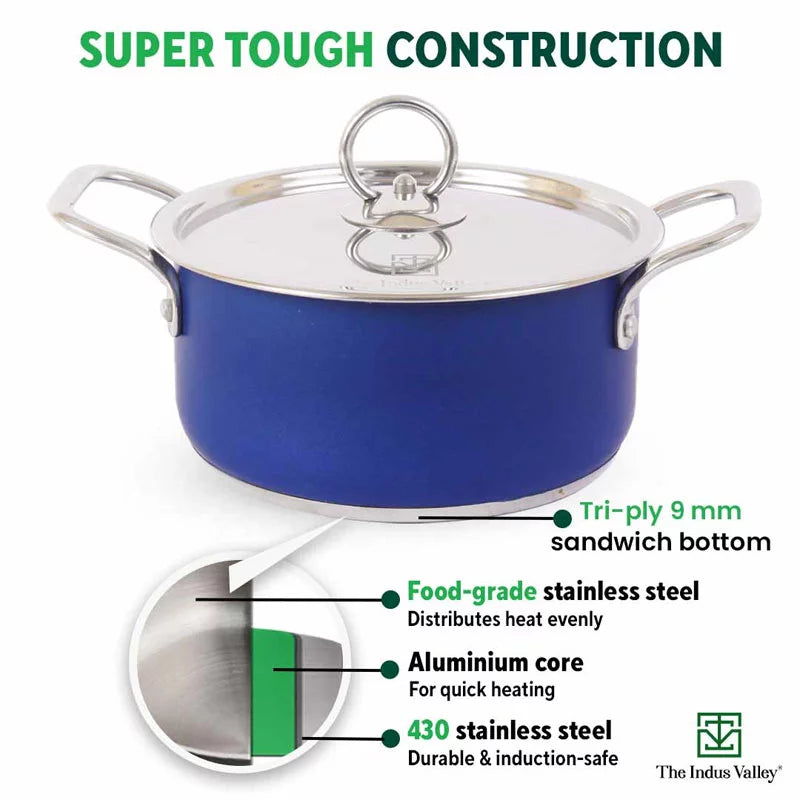 Tri-Steel Premium Stainless Steel Casserole/ Saucepot with Steel Lid, Tri-ply (3 Layer) Induction Bottom, 1.9L, Blue - Image 4