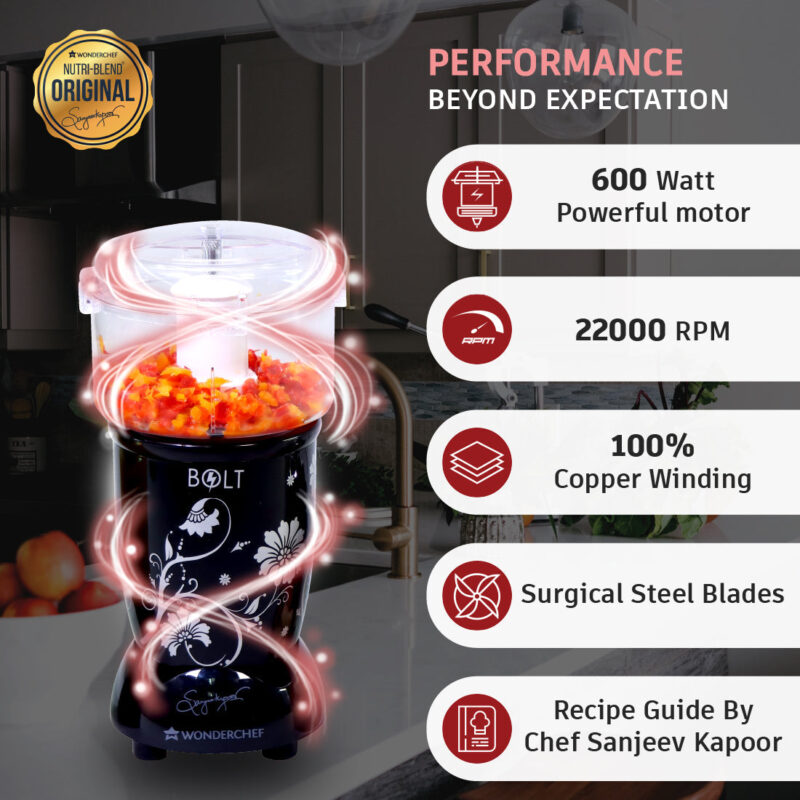 Wonderchef Renewed Nutri-blend BOLT | 600W | CKM Mixer with Chopper | 4 Unbreakable Jars | Includes Sipper Lid | 22000 RPM | 100% Full Copper Motor - Image 3
