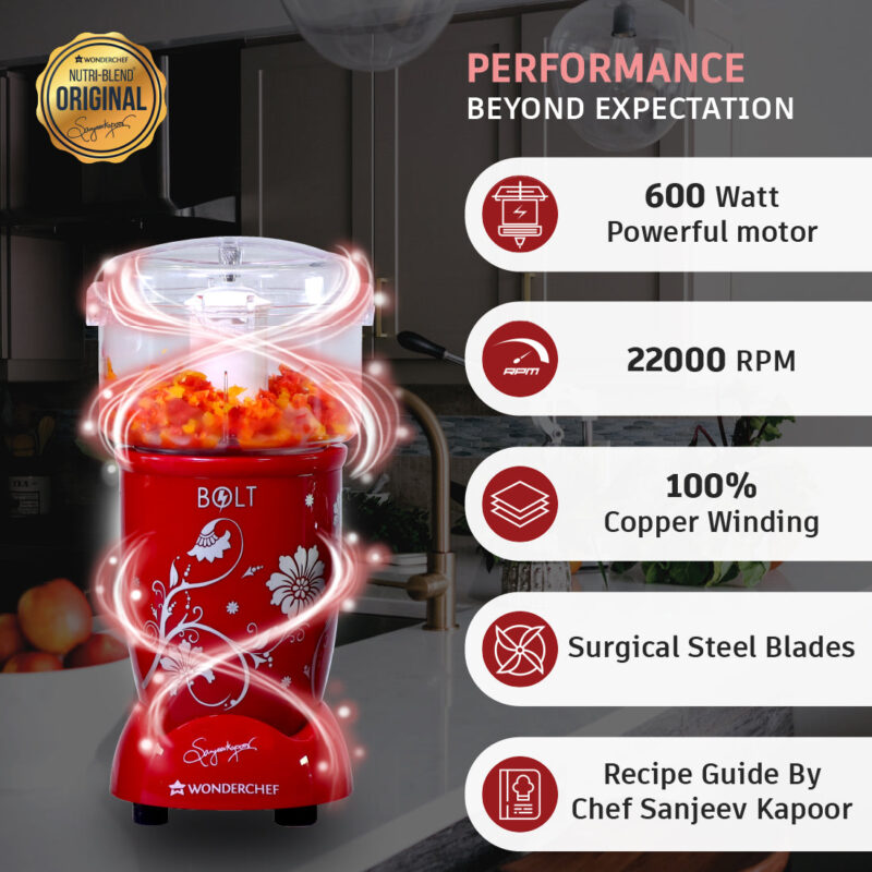 Nutri-blend BOLT-600W CKM Mixer with Chopper, Stronger & Swifter with Sipper Lid, 22000RPM 100% Full Copper Motor, 4 Unbreakable Jars, Sharper Steel Blades, Recipe Book by Chef Sanjeev Kapoor - Image 3