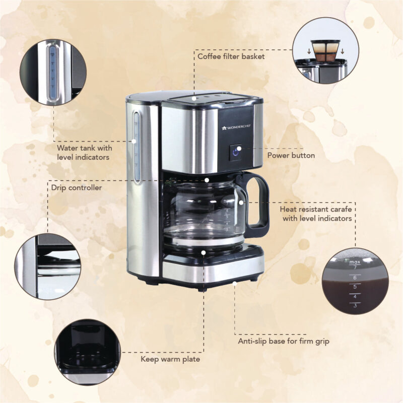 Regalia Brew Coffee Maker 550 W | Stainless Steel Body | 700ml Borosilicate Glass Carafe | 3-in-1 Filter Coffee, Espresso, Cappuccino | Auto Shut Off | Removable Cone Filter | 7 Cups Coffee | Perfect Gifting Option | Black & Silver | 2 Year Warranty - Image 4