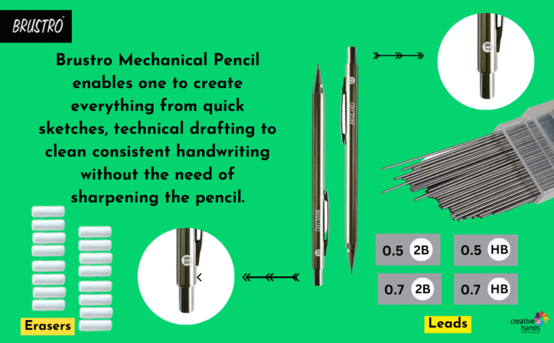 BRUSTRO Mechanical Pencil Set | HB-20 leads, 2B-20 leads, Spare eraser- 8 units|Tip size- 0.5 mm |Ideal for Students,Adults, Home,School,Office,Stationery Use |Writing, Sketching, Drawing, Mandala Art - Image 8