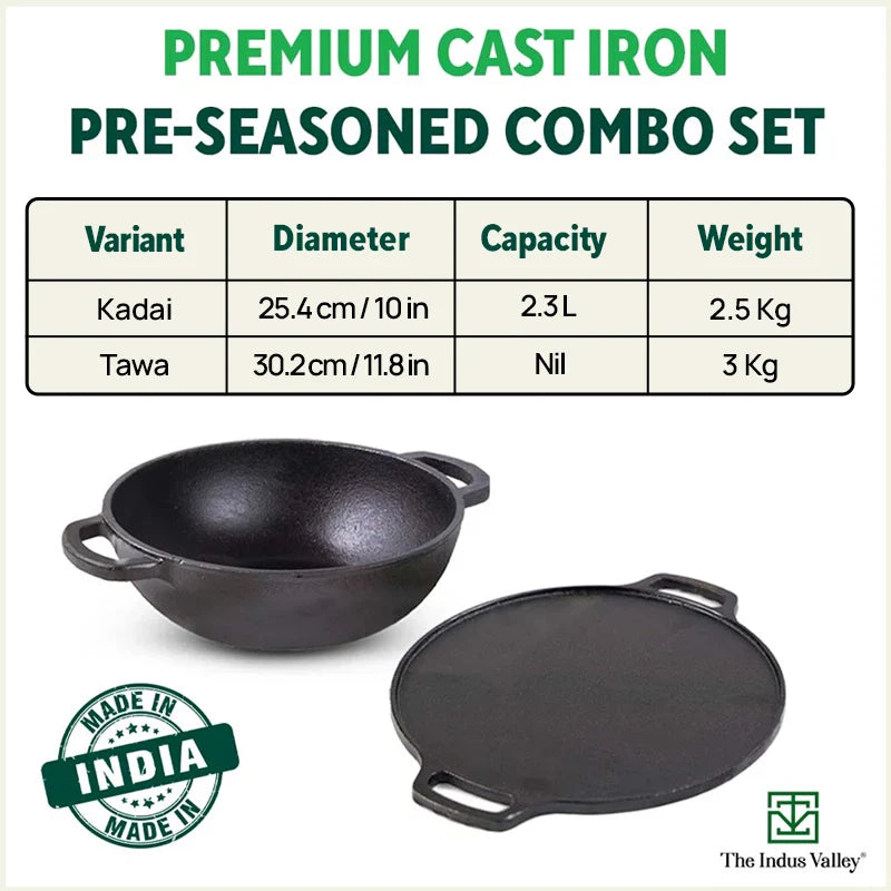 CASTrong Thick Cast Iron Kadai+Tawa+Free ₹110 Spatula,Kitchen set for Home, Pre-seasoned,100% Pure,Toxin-free - Image 2