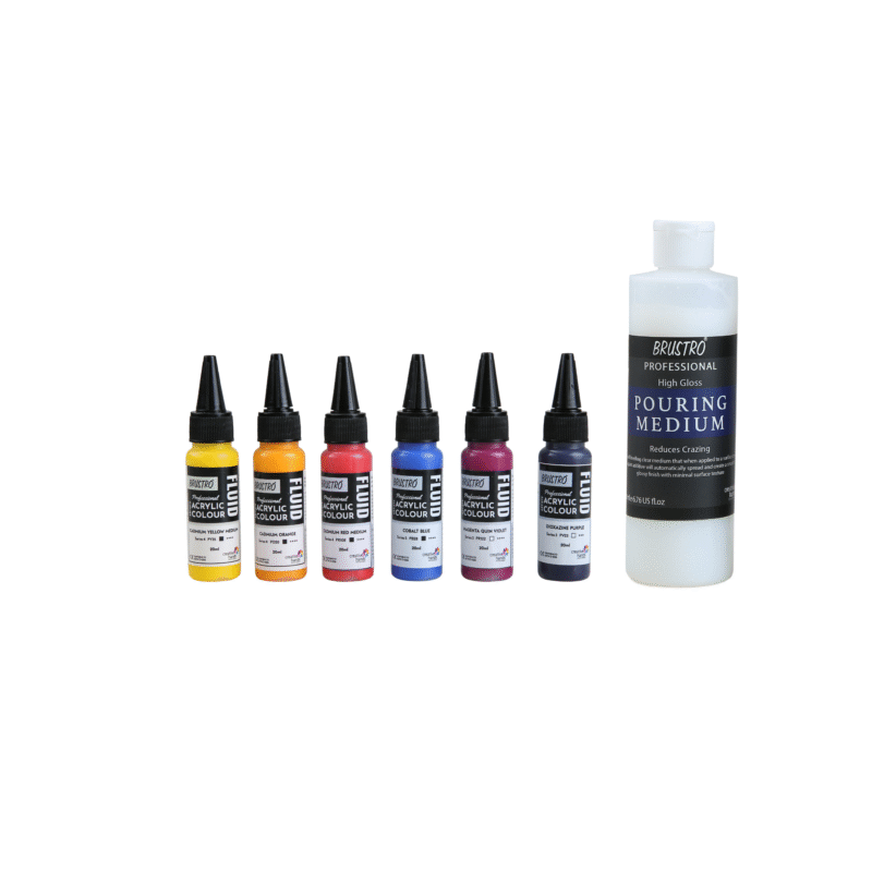 Brustro Professional Artists ’ Fluid Acrylic 20 ml High Chroma Set of 6 (Cad Orange,Cad Yellow Medium,Cad Red Medium,Cobalt Blue,Dioxazine Purple,Magenta Quinh Violet) with Pouring Medium 200 ml - Image 5