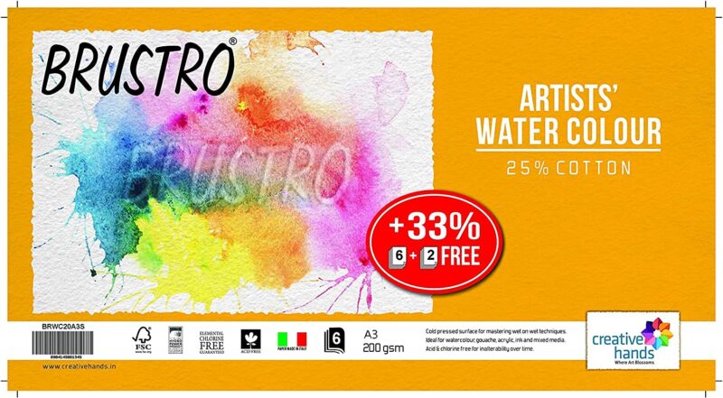 Brustro Artists Watercolour Paper, 200 GSM, A3-25% Cotton Cold Pressed, 6 + 2 Free Sheets - Image 4
