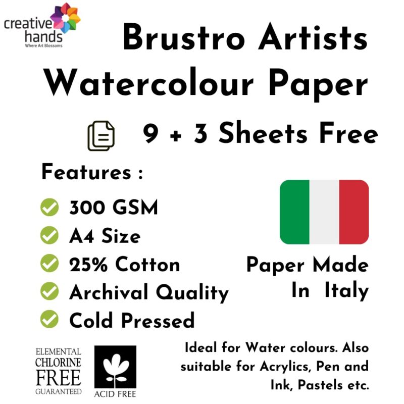 BRUSTRO Artists Watercolour Paper | 300 GSM, A4, 25% Cotton, Cold Pressed | Pack of 12 Sheets | Ideal for Artist, Professional Drawing, Painting Dry & Wet, Fine Art, School, Students, Watercolor - Image 2