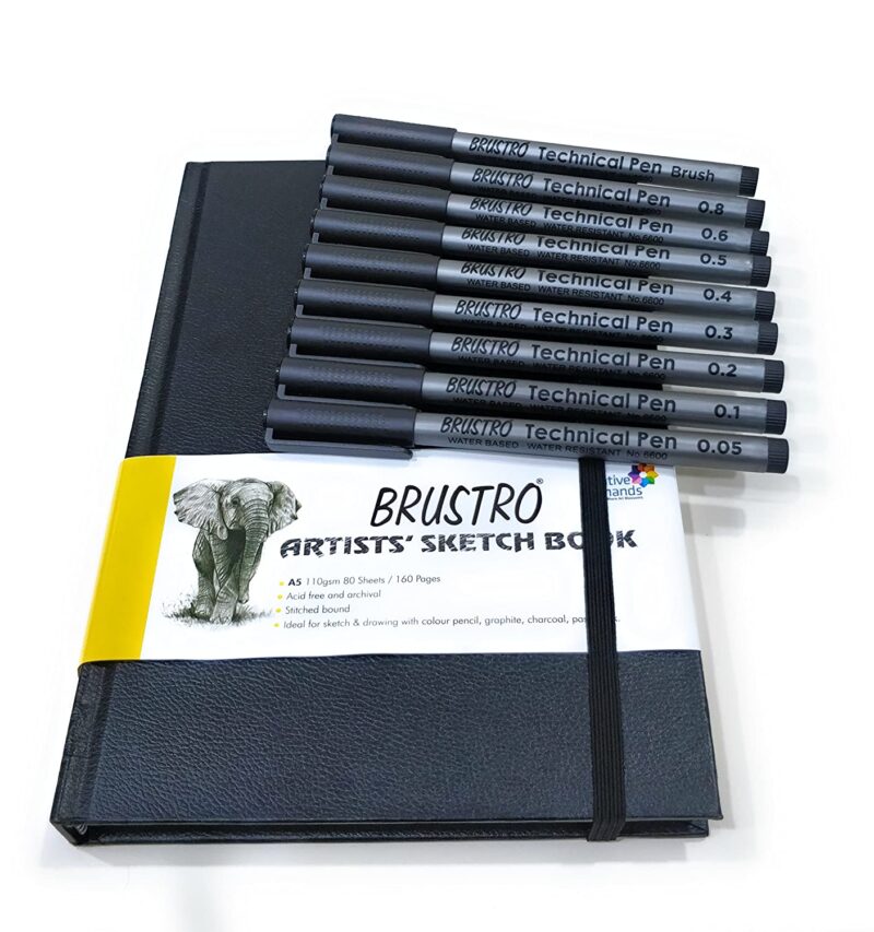 Brustro Artists Sketch Book Stitched Bound A5-110 GSM, 160 Pages Acid Free & Technical Pen Black Assorted Set of 9 Combo - Image 4