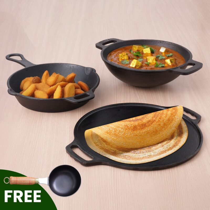 CASTrong Cast Iron Cookware Set: Tawa+ Kadai+ Fry Pan, Kitchen Set for Home, Pre-seasoned, 100% Pure, Toxin-free, Free ₹400 Tadka Pan - Image 14