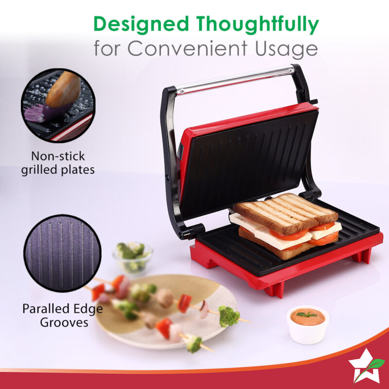 Wonderchef Renewed Sanjeev Kapoor Tandoor Mini| Crimson Edge Electric Contact Grill & Sandwich Maker| 3-in-1 Appliance| 700 Watt| Cool Touch Handle| LED Indicator| 1 Year Warranty| Red - Image 4