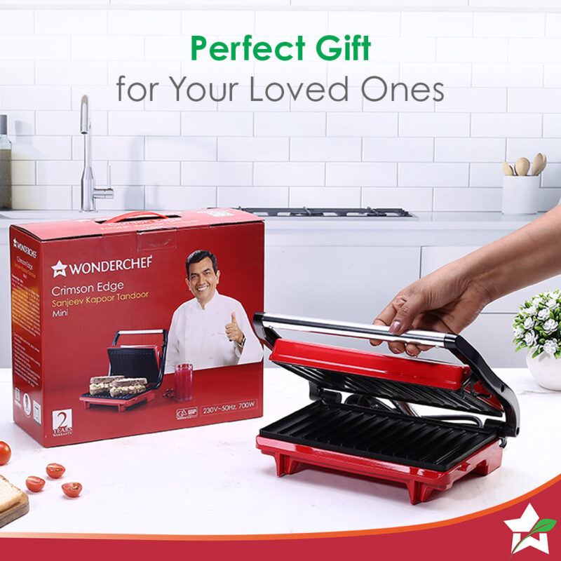 Wonderchef Renewed Sanjeev Kapoor Tandoor Mini| Crimson Edge Electric Contact Grill & Sandwich Maker| 3-in-1 Appliance| 700 Watt| Cool Touch Handle| LED Indicator| 1 Year Warranty| Red - Image 6