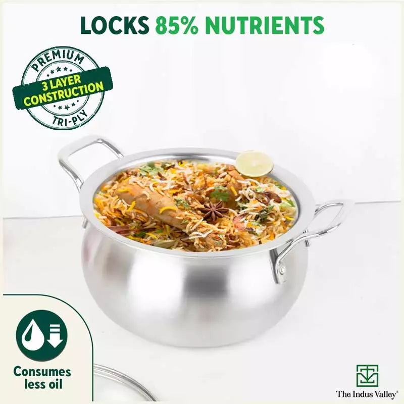 TurboCuk Tri-ply Stainless Steel Handi Casserole/ Biryani Cooking Pot+ Glass Lid, Premium Quality, 3 Layer Thick Body, 100% Toxin-free, Non-stick, Induction & Gas, 4L - Image 5