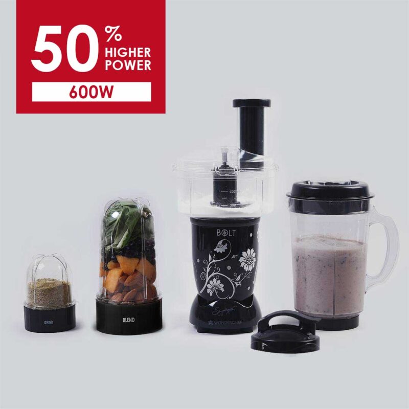 Nutri-blend BOLT-600W Mixer With Food Processor & Atta Kneader, Stronger & Swifter With Sipper Lid, 22000RPM 100% Full Copper Motor, 4 Unbreakable Jars, Sharper Steel Blades, 2 Yrs Warranty, Black, Recipe Book By Chef Sanjeev Kapoor - Image 2