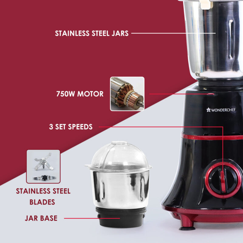 Wonderchef Renewed Glory Mixer Grinder | 750W | 4 Stainless Steel Jars and Anti-rust Stainless Steel Blades | Ergonomic Handles - Image 11