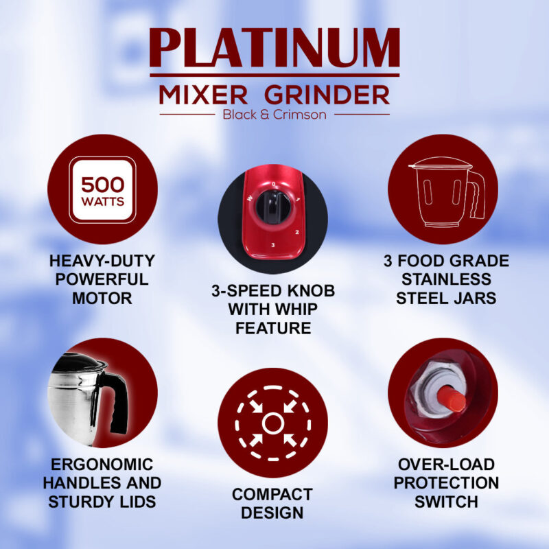 Platinum Mixer Grinder 500W with 3 Stainless Steel Jars And Anti-Rust Stainless Steel Blades, Ergonomic Handles, 5 Years Warranty On Motor,  Black & Crimson - Image 5