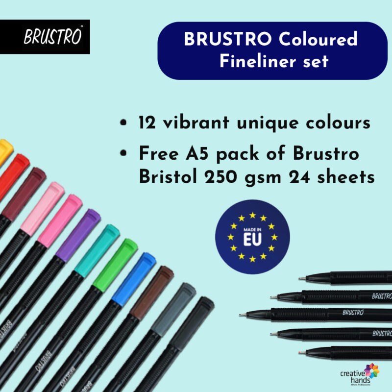 BRUSTRO Coloured Fineliner Set of 12 | Assorted Colours | 0.4mm | Ideal for Writing, Drawing, Coloring, Sketching, Doodles, Mandala Art & BRISTOL Ultra-Smooth Paper | A5, 250 gsm, 20+4 sheets/48 pages - Image 2