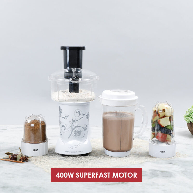 Nutri-blend Juicer, Mixer, Grinder, Smoothie Maker | Food Processor with Atta Kneader | 400W 22000 RPM 100% Full Copper Motor | SS Blades | 4 Unbreakable Jars | 2 Years Warranty | Recipe Book By Chef Sanjeev Kapoor | White - Image 4