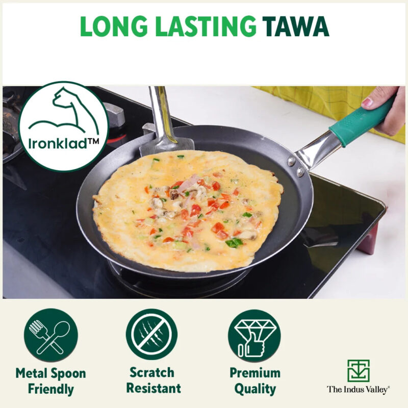 Ironklad 100% Pure Sheet Iron Tawa, Steel Cool Touch Handle & Silicone Grip, Pre-seasoned, Toxin-free, Induction, 26 cm, 1 Kg - Image 7