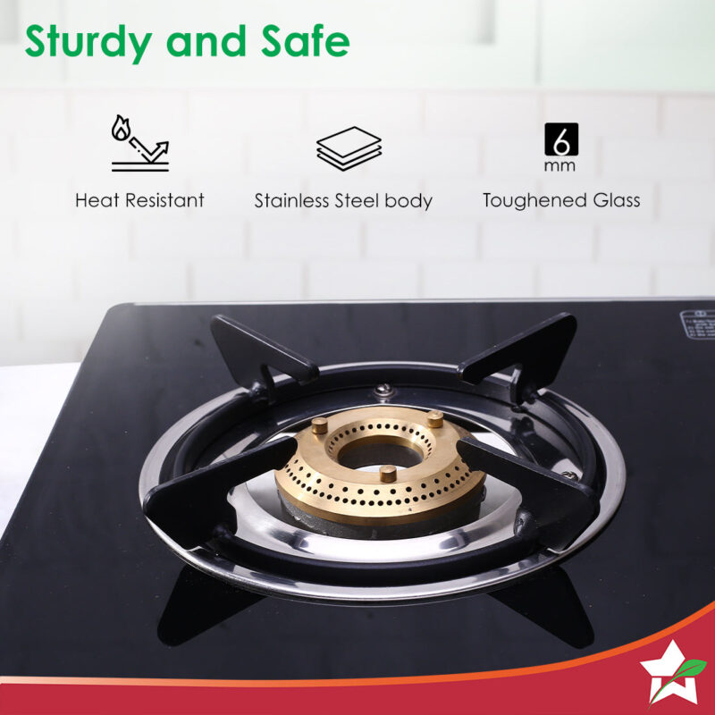 Galaxy 2 Burner Cooktop | 1 Medium, 1 Small Wide Spaced Burners | Highly Efficient Tri-pin Brass Burners | Precise Flame Control | BIS Approved 6mm Toughened Glass Top | 2 Year Warranty - Image 2