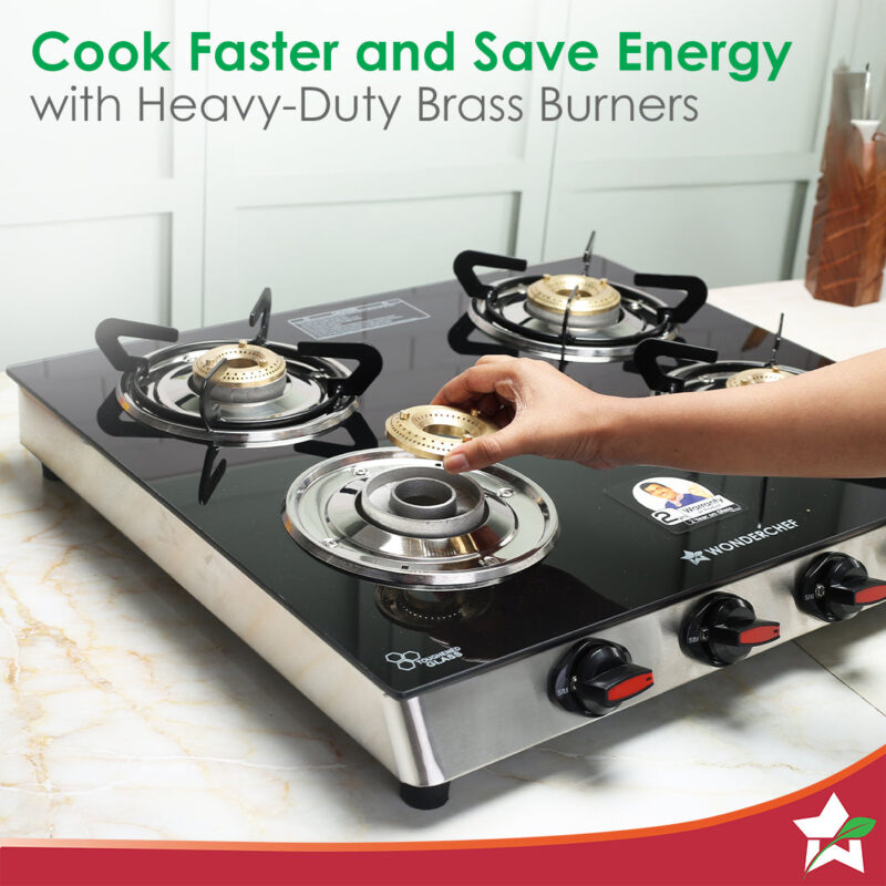Galaxy 4 Burner Cooktop | 2 Medium, 2 Small Wide Spaced Burners | Highly Efficient Tri-pin Brass Burners | Precise Flame Control | BIS Approved 6mm Toughened Glass Top | 2 Year Warranty - Image 3