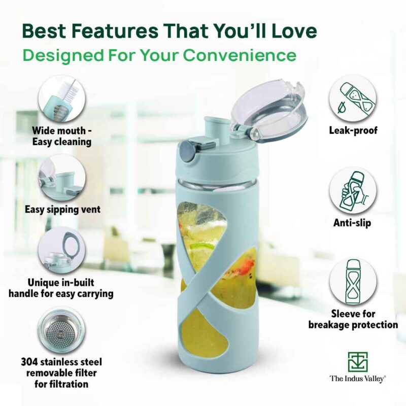 Premium Pro-hydro Borosilicate Glass Bottle | 500ml | Removable Filter | Dark blue, Light blue - Image 6