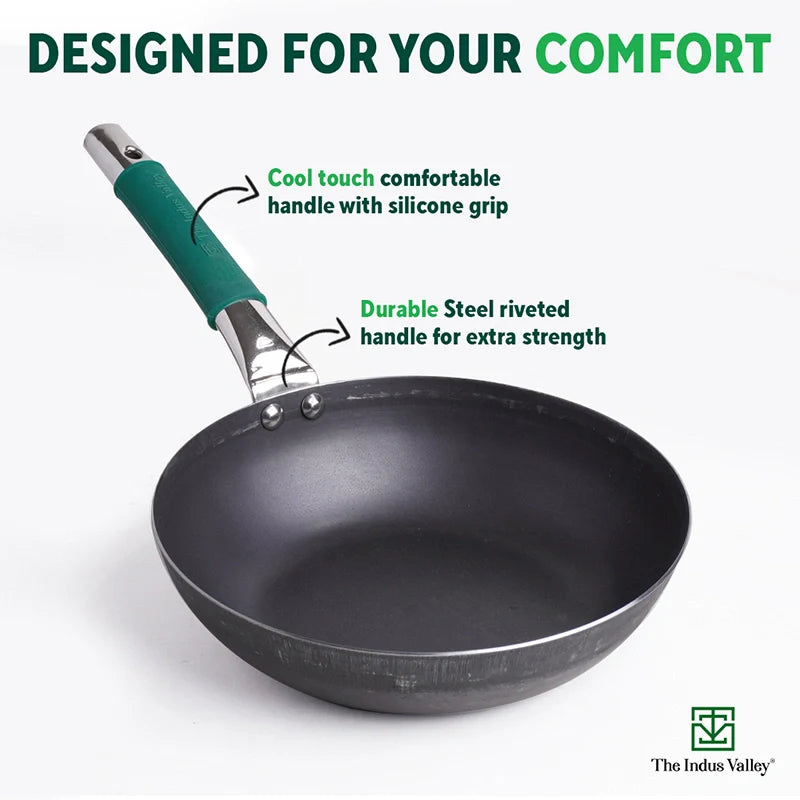 Ironklad 100% Pure Sheet Iron Frying pan, Steel Cool Touch Handle & Silicone Grip, Pre-seasoned, Toxin-free, Induction, 2/2.5 L, 25/30.8 Cm, 1.1/1.4 Kg - Image 3