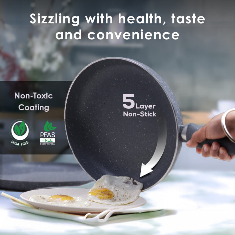 Granite Non Stick Fry Pan | Bakelite handles |Non – Toxic I Virgin Aluminium| 20 cms | 1 liter | 2 Year Warranty | Grey | Omelette Pan - Image 2