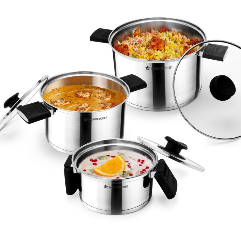 Click and Cook Stainless Steel Casserole 3 Pc Set | 6.5 L, 3.2 L, 1 L | Unique Foldable Cool-touch Handles | Tri-ply Bottom | Glass Lid with Steam Vent | Induction and Gas Cooktop Friendly - Image 8