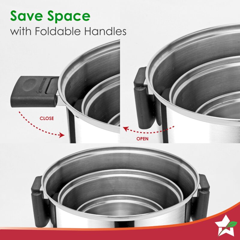 Click and Cook Stainless Steel Casserole 3 Pc Set | 6.5 L, 3.2 L, 1 L | Unique Foldable Cool-touch Handles | Tri-ply Bottom | Glass Lid with Steam Vent | Induction and Gas Cooktop Friendly - Image 2