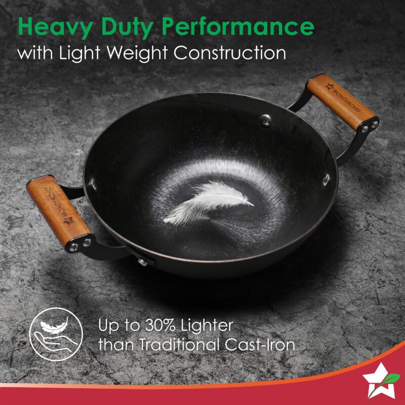 Pre-Seasoned Ferro Light 24cm Kadhai | 2.3L | Acacia Wooden Handles | Gravity Moulding Technology | No Chemical Coating |10 Year Warranty - Image 2
