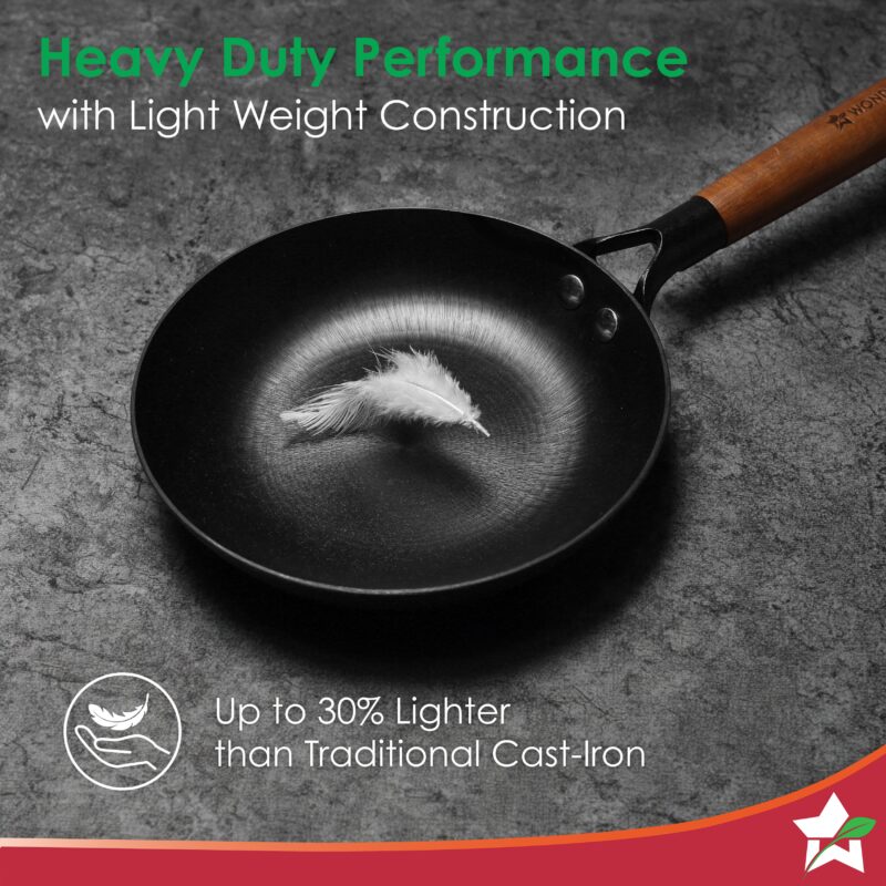 Pre-Seasoned Ferro Light 24cm Cast Iron Fry Pan | 1.4L | Acacia Wooden Handles | Gravity Moulding Technology | No Chemical Coating |10 Year Warranty - Image 2