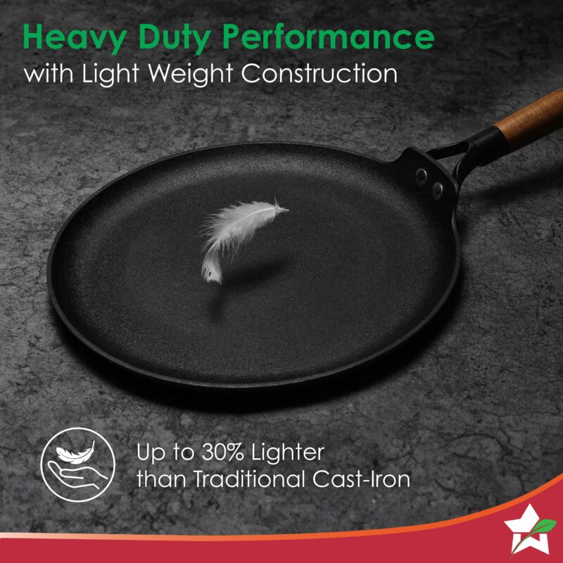 Pre-Seasoned Ferro Light 28cm Dosa Tawa | 4MM | Acacia Wooden Handles | Gravity Moulding Technology | No Chemical Coating |10 Year Warranty - Image 2