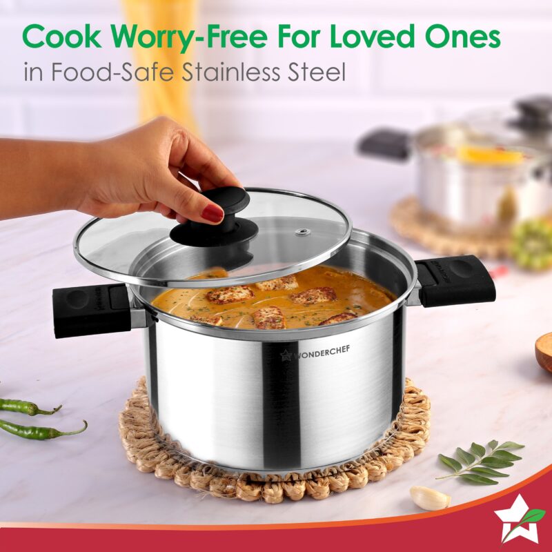 Click and Cook Stainless Steel Casserole 3 Pc Set | 6.5 L, 3.2 L, 1 L | Unique Foldable Cool-touch Handles | Tri-ply Bottom | Glass Lid with Steam Vent | Induction and Gas Cooktop Friendly - Image 3