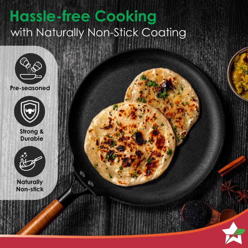 Pre-Seasoned Ferro Light 28cm Dosa Tawa | 4MM | Acacia Wooden Handles | Gravity Moulding Technology | No Chemical Coating |10 Year Warranty - Image 4