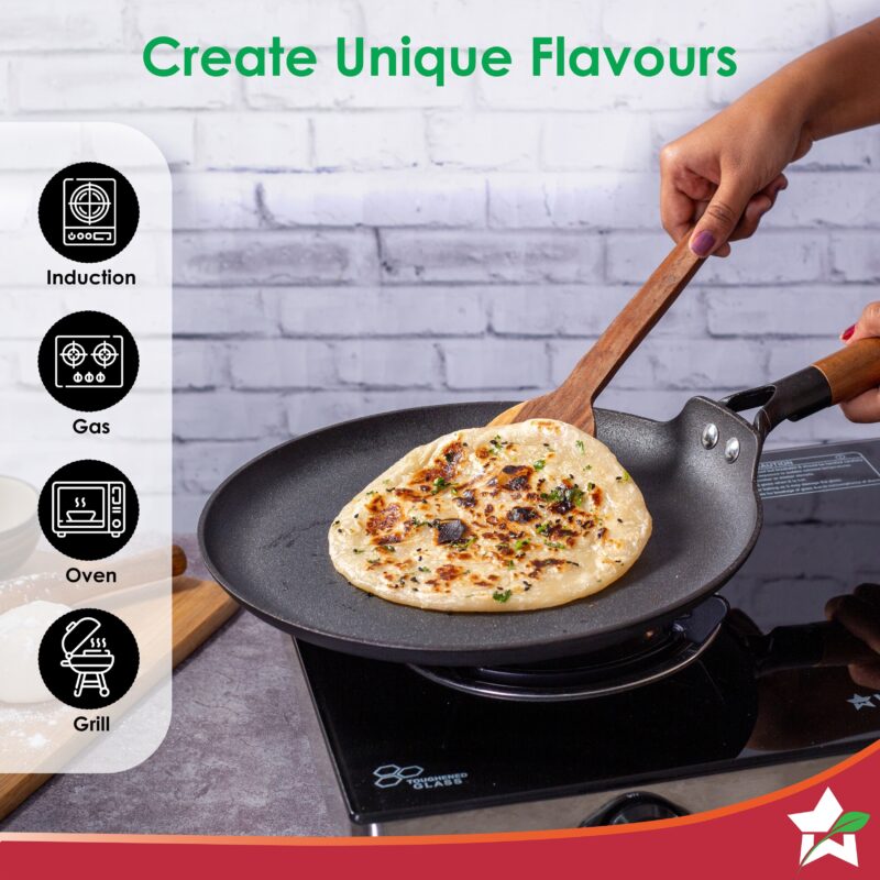 Pre-Seasoned Ferro Light 28cm Dosa Tawa | 4MM | Acacia Wooden Handles | Gravity Moulding Technology | No Chemical Coating |10 Year Warranty - Image 6