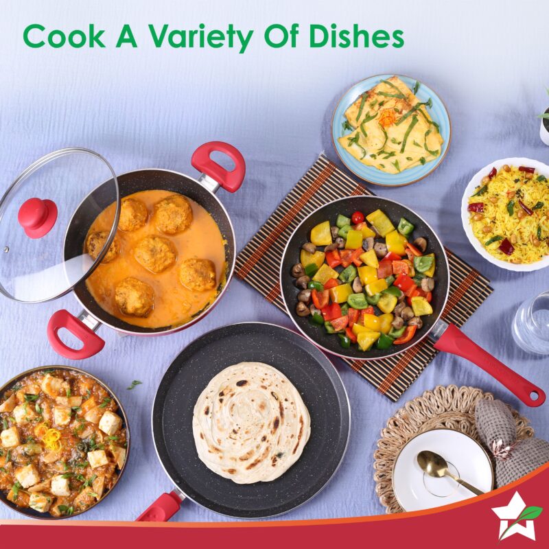 Milano Non-stick Cookware 4 Pc Set | Dosa Tawa, Fry Pan, Kadhai for cutlets, curries, dosas | PFOA Free | Virgin Aluminium | Energy Efficient | Dishwasher Safe | 2-year Warranty | Red&Black - Image 6